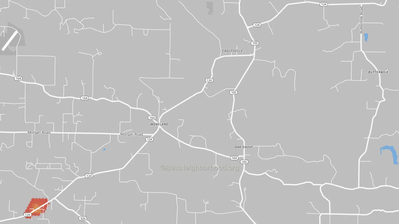 Walk Grade map of Moreland, AR, walkable areas in green and car-dependent areas in red