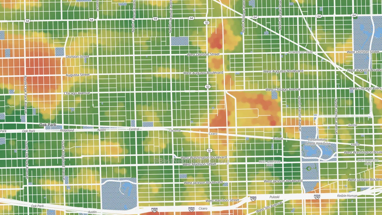 Walk Grade map of Moreland, Chicago, IL, walkable areas in green and car-dependent areas in red
