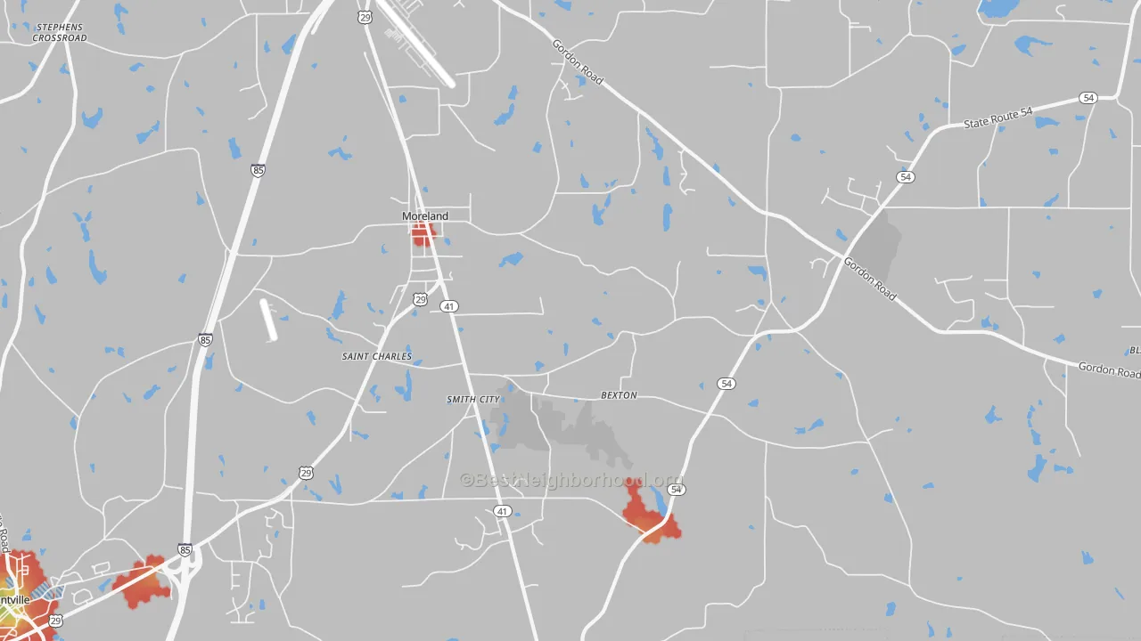 Walk Grade map of Moreland, GA, walkable areas in green and car-dependent areas in red