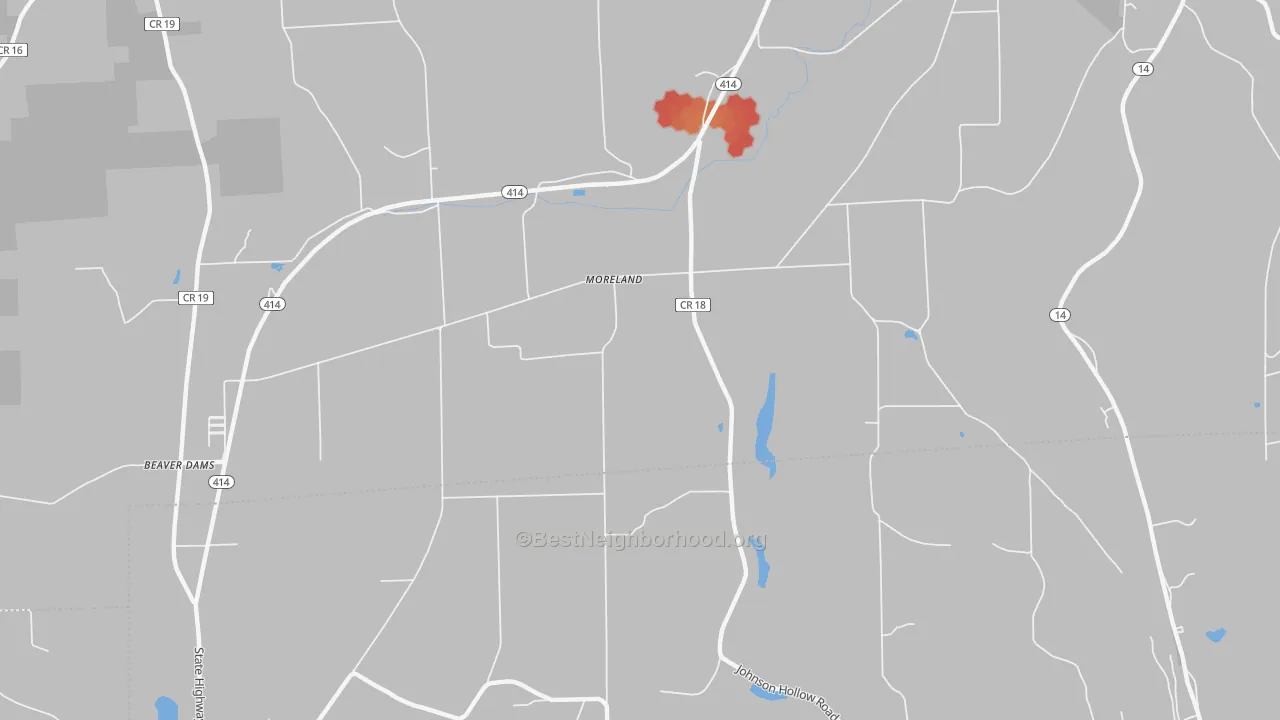 Walk Grade map of Moreland, NY, walkable areas in green and car-dependent areas in red