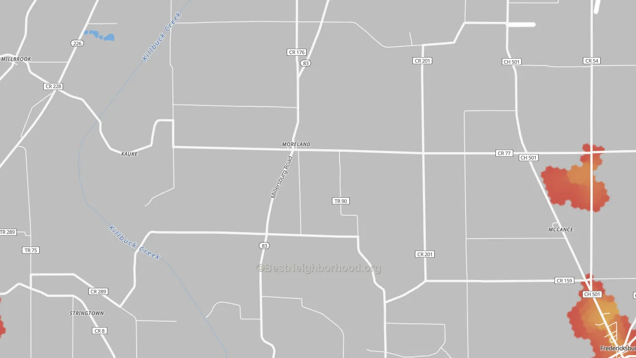 Walk Grade map of Moreland, OH, walkable areas in green and car-dependent areas in red