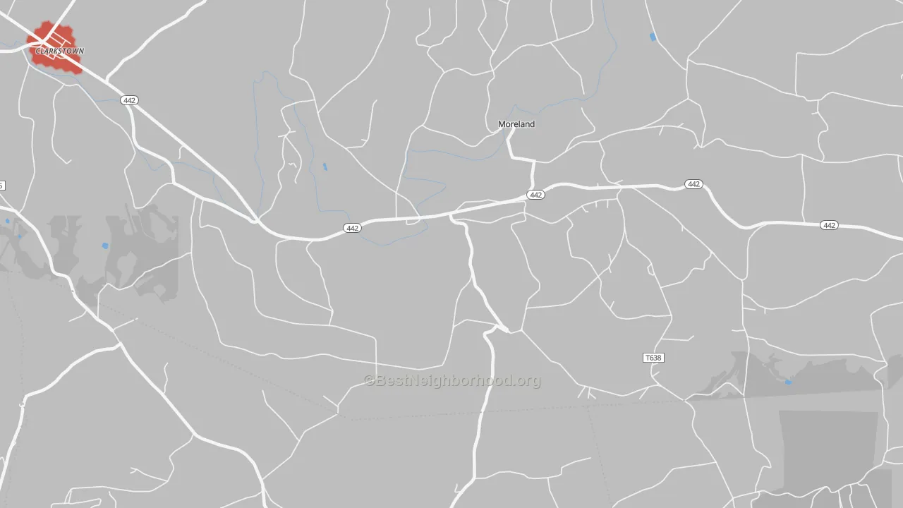 Walk Grade map of Moreland, PA, walkable areas in green and car-dependent areas in red