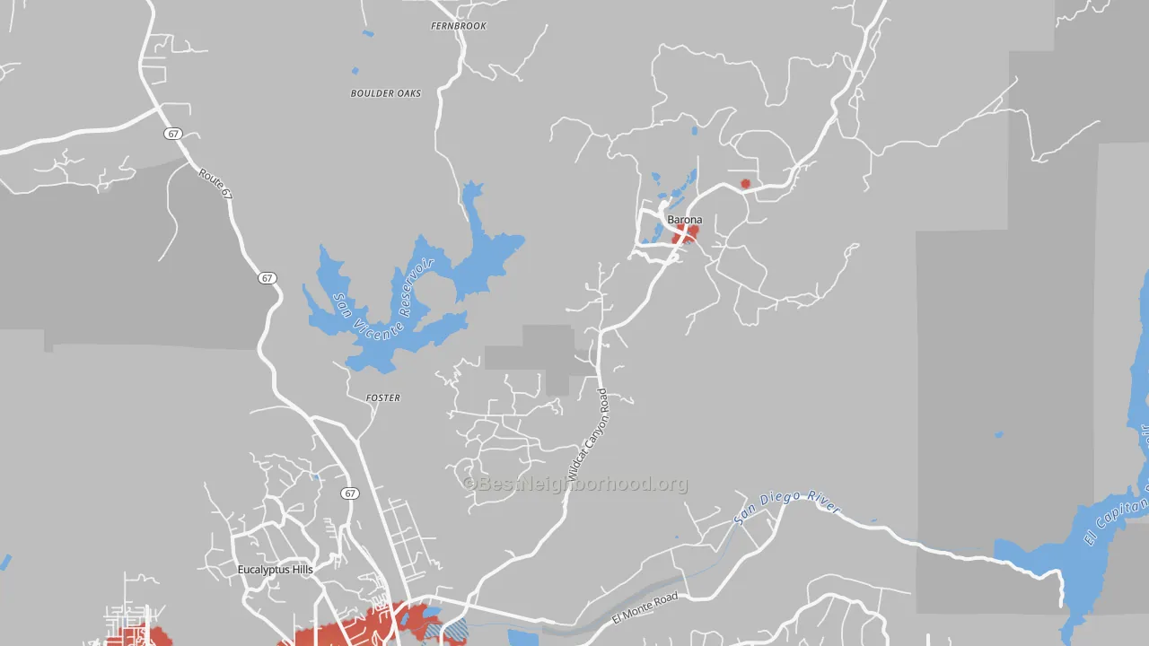 Walk Grade map of Morena, CA, walkable areas in green and car-dependent areas in red