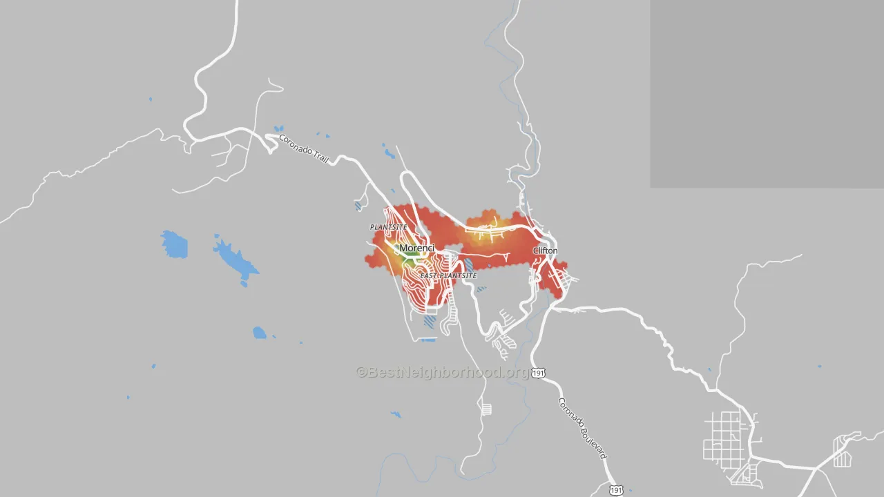 Walk Grade map of Morenci, AZ, walkable areas in green and car-dependent areas in red