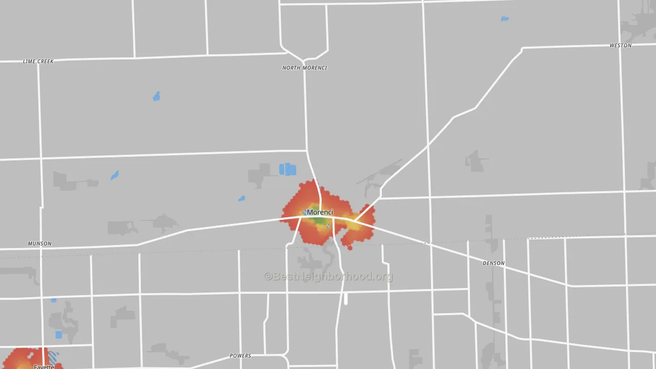 Walk Grade map of Morenci, MI, walkable areas in green and car-dependent areas in red
