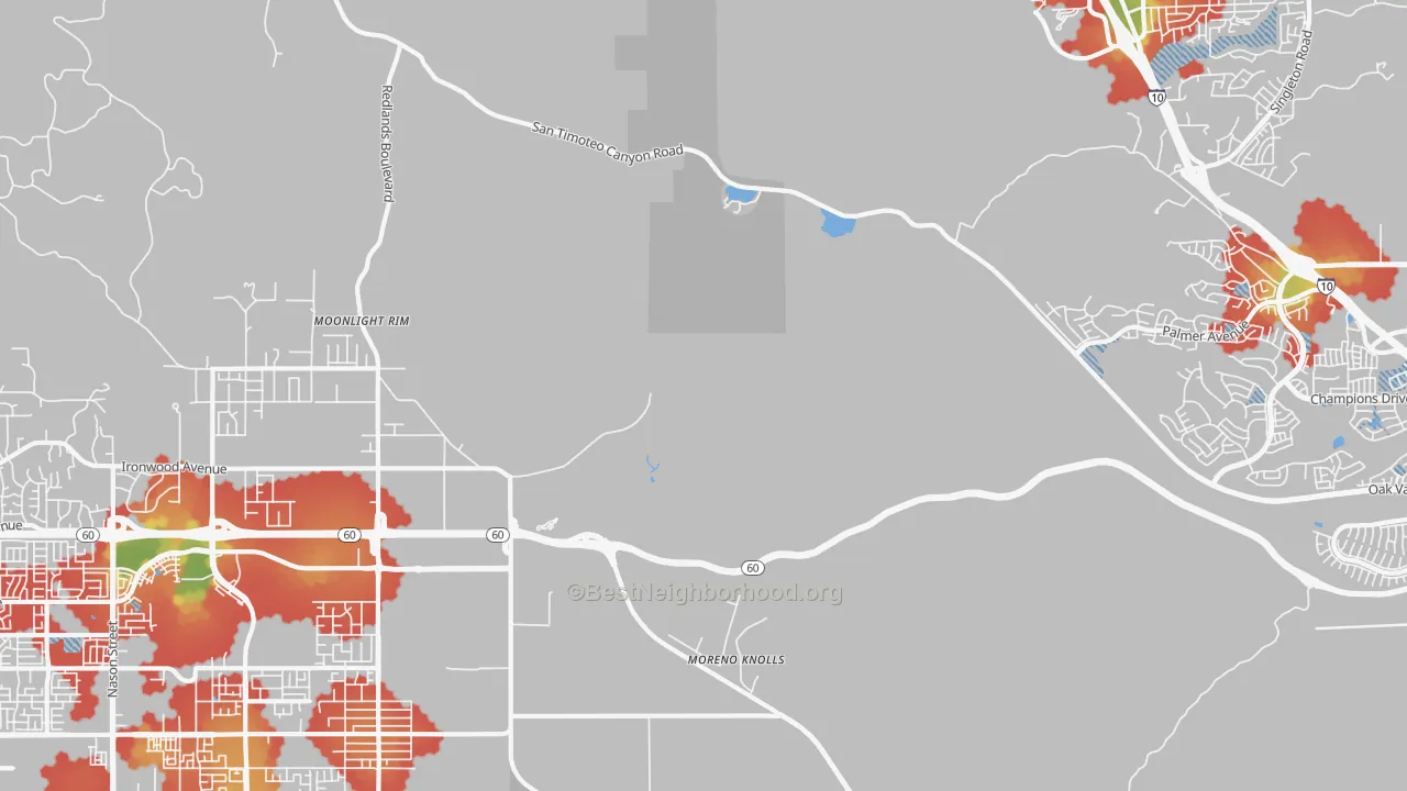 Walk Grade map of Moreno, CA, walkable areas in green and car-dependent areas in red