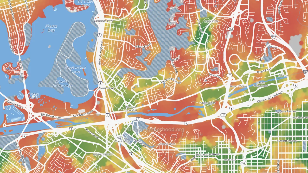 Walk Grade map of Moreno Mission, San Diego, CA, walkable areas in green and car-dependent areas in red