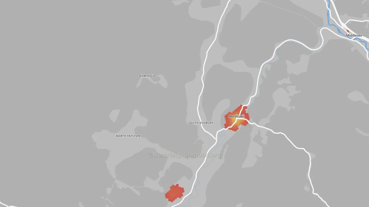 Walk Grade map of Moretown, VT, walkable areas in green and car-dependent areas in red
