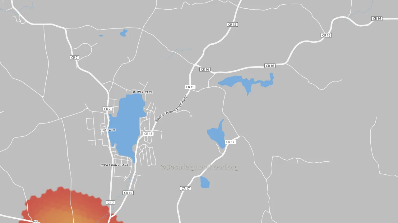Walk Grade map of Morey Park, NY, walkable areas in green and car-dependent areas in red