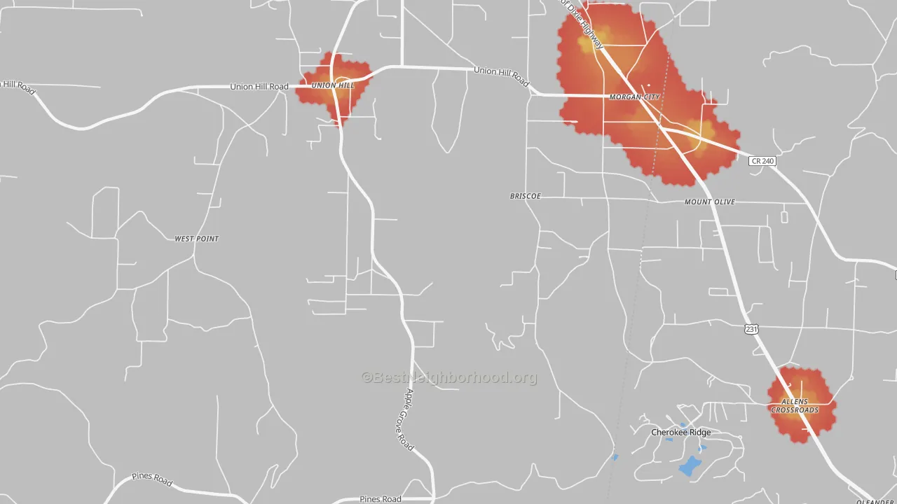 Walk Grade map of Morgan City, AL, walkable areas in green and car-dependent areas in red