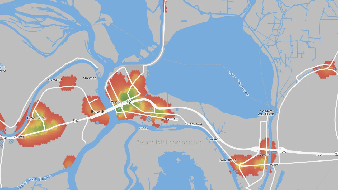 Walk Grade map of Morgan City, LA, walkable areas in green and car-dependent areas in red