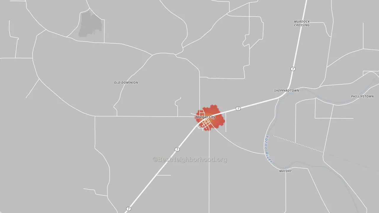 Walk Grade map of Morgan City, MS, walkable areas in green and car-dependent areas in red