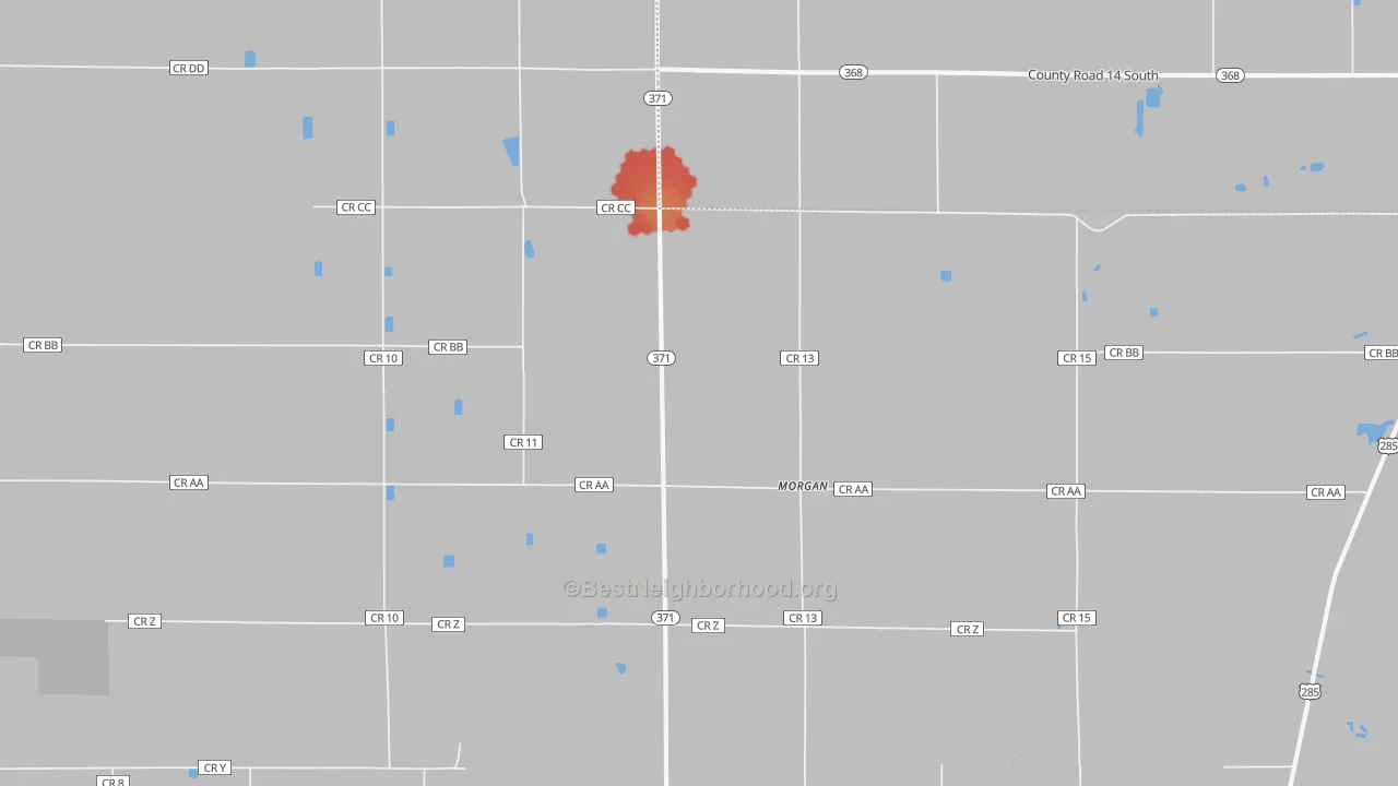 Walk Grade map of Morgan, CO, walkable areas in green and car-dependent areas in red