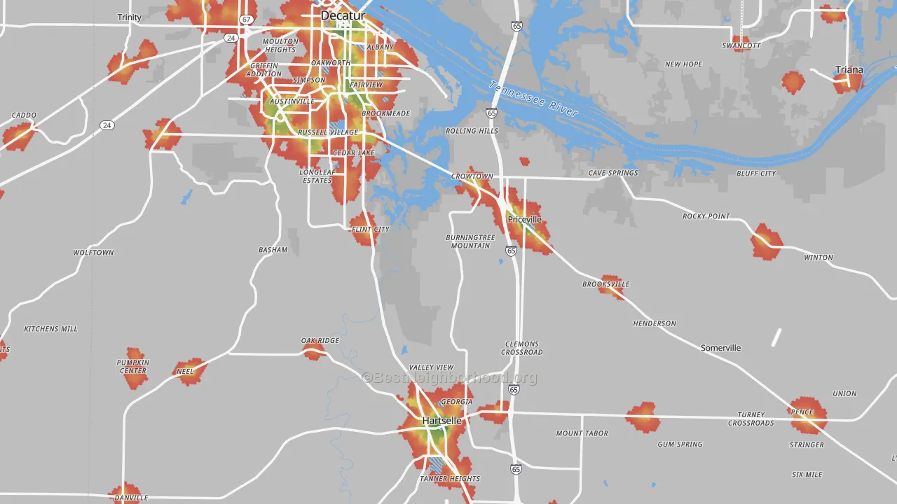Walk Grade map of Morgan County, AL, walkable areas in green and car-dependent areas in red