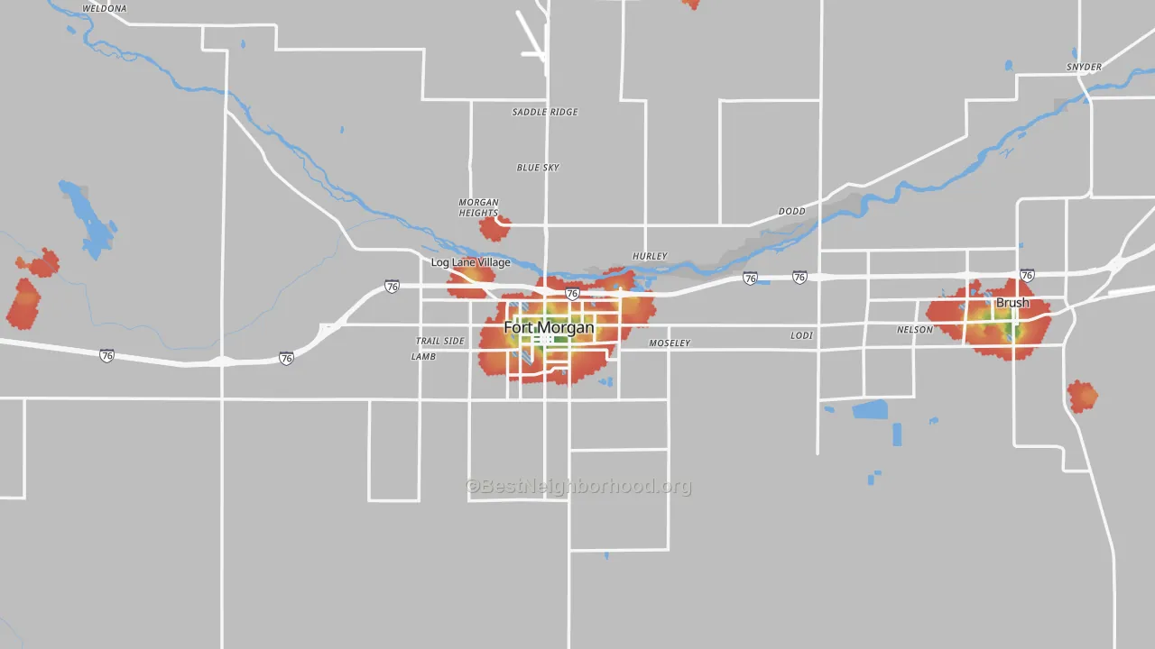 Walk Grade map of Morgan County, CO, walkable areas in green and car-dependent areas in red