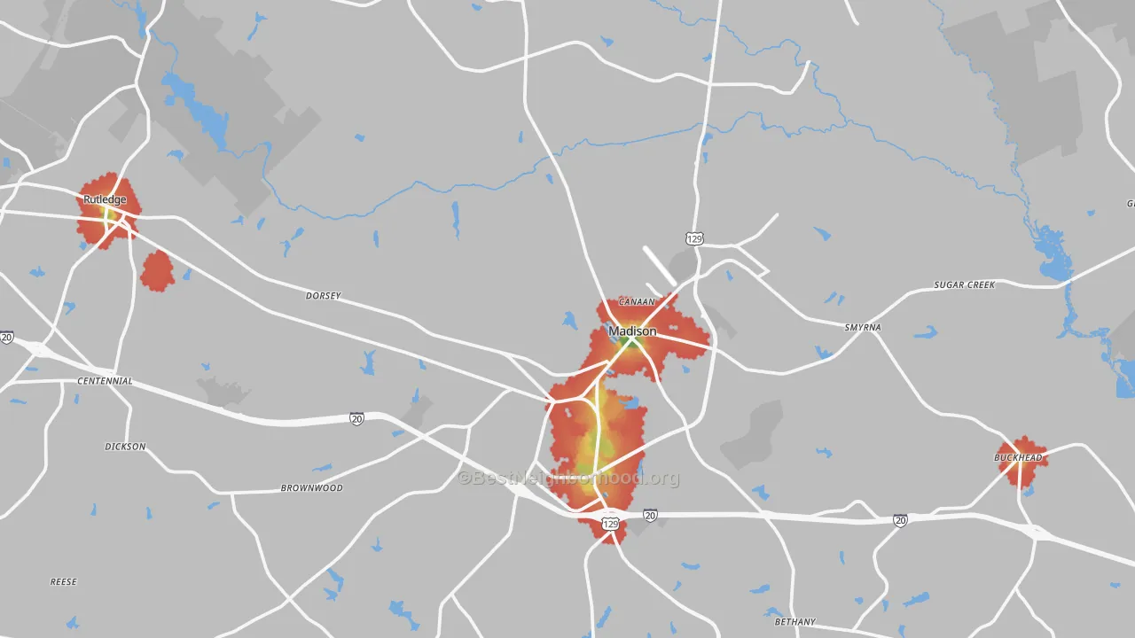 Walk Grade map of Morgan County, GA, walkable areas in green and car-dependent areas in red