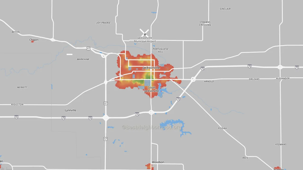 Walk Grade map of Morgan County, IL, walkable areas in green and car-dependent areas in red