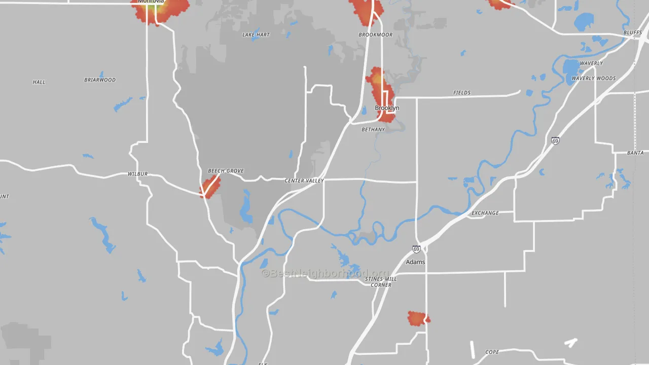 Walk Grade map of Morgan County, IN, walkable areas in green and car-dependent areas in red