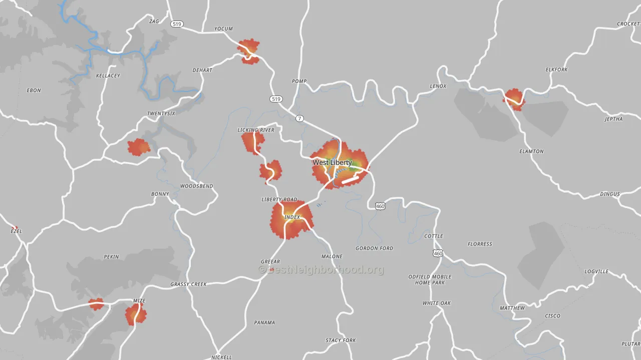 Walk Grade map of Morgan County, KY, walkable areas in green and car-dependent areas in red