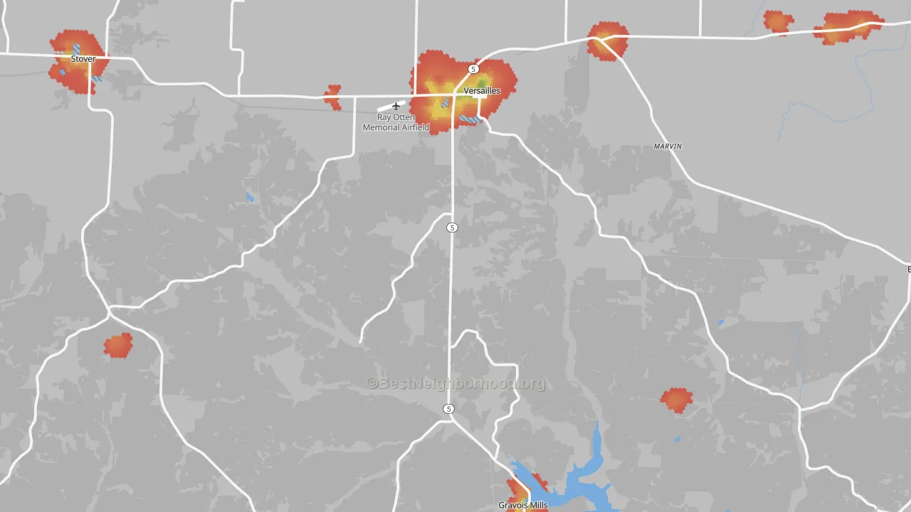 Walk Grade map of Morgan County, MO, walkable areas in green and car-dependent areas in red