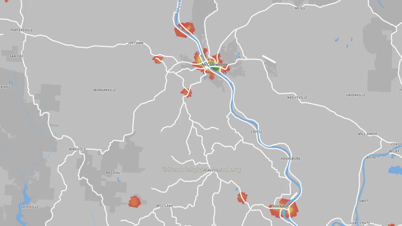 Walk Grade map of Morgan County, OH, walkable areas in green and car-dependent areas in red