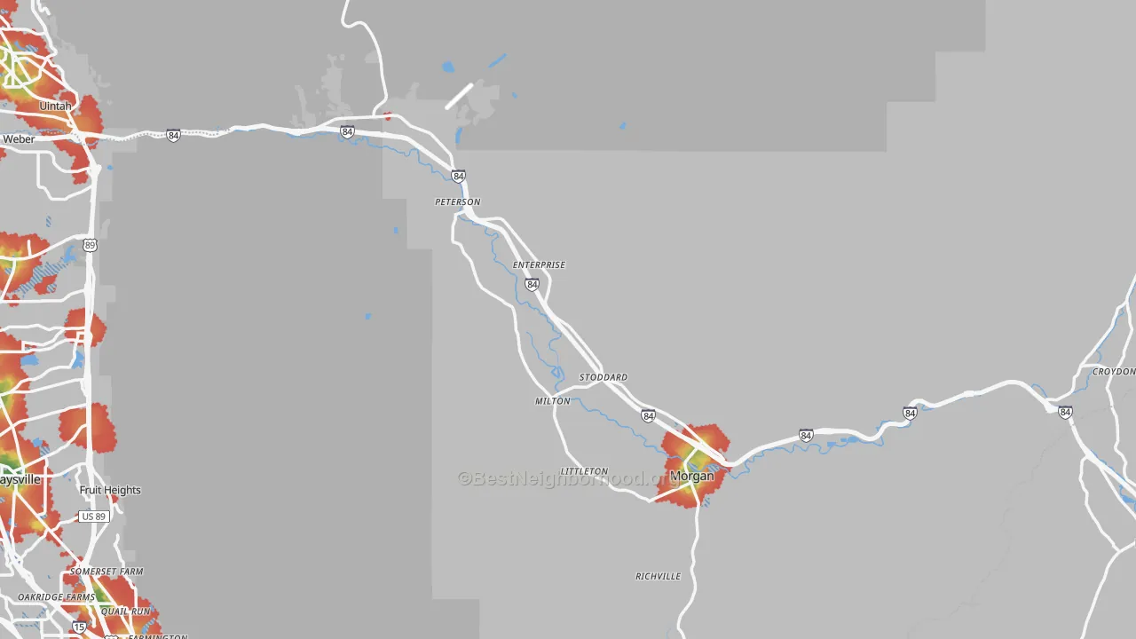 Walk Grade map of Morgan County, UT, walkable areas in green and car-dependent areas in red