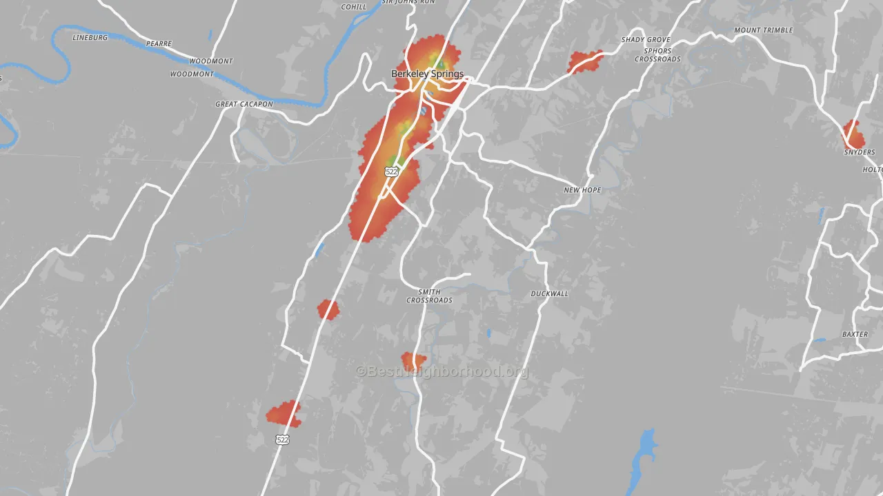 Walk Grade map of Morgan County, WV, walkable areas in green and car-dependent areas in red
