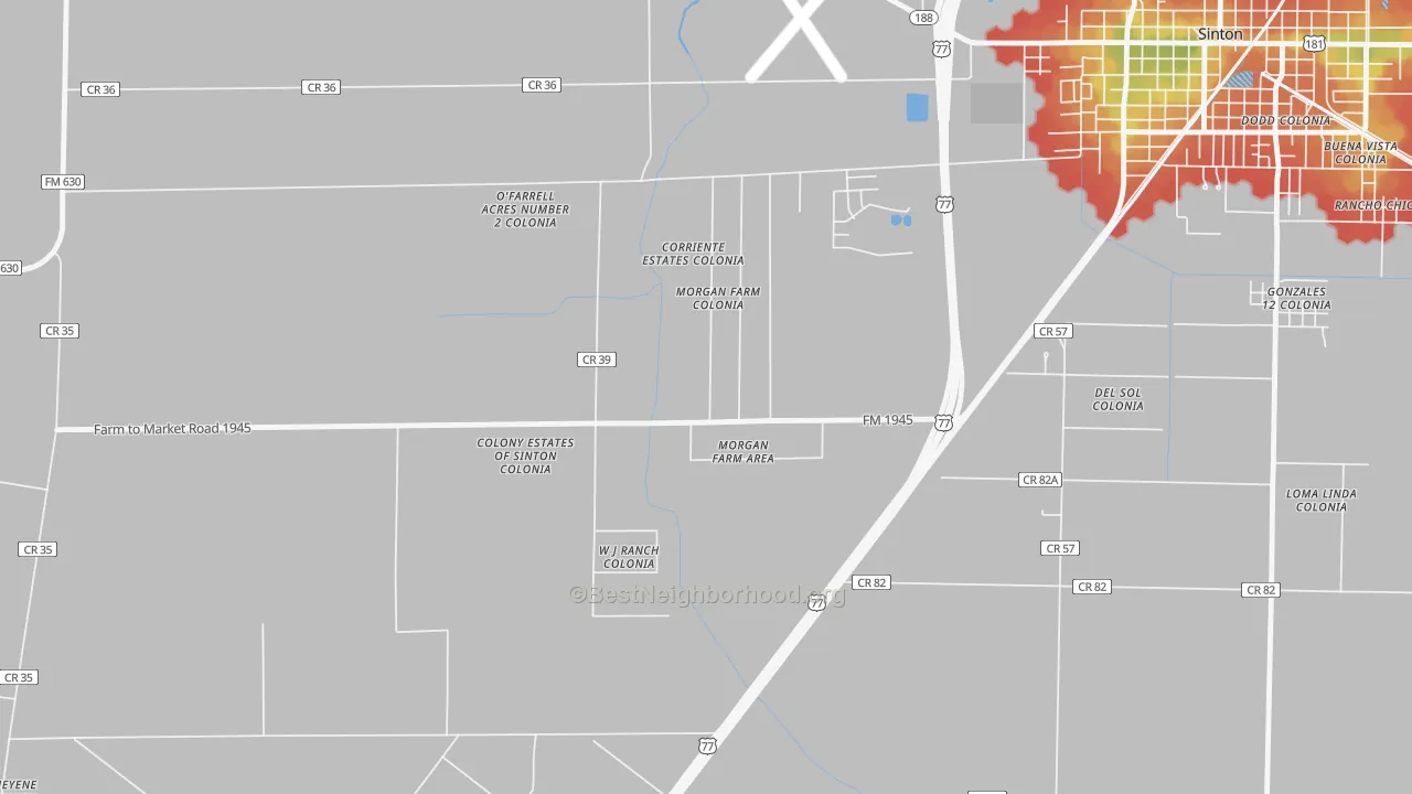 Walk Grade map of Morgan Farm, TX, walkable areas in green and car-dependent areas in red