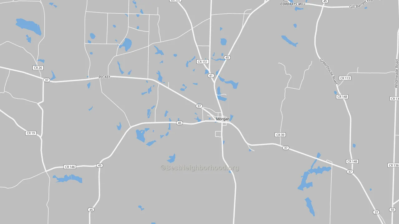 Walk Grade map of Morgan, GA, walkable areas in green and car-dependent areas in red