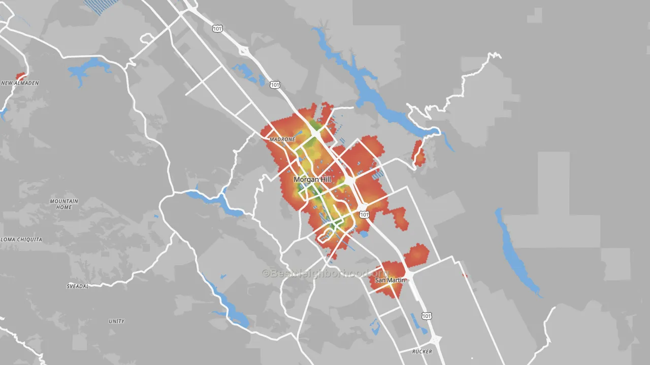 Walk Grade map of Morgan Hill, CA, walkable areas in green and car-dependent areas in red