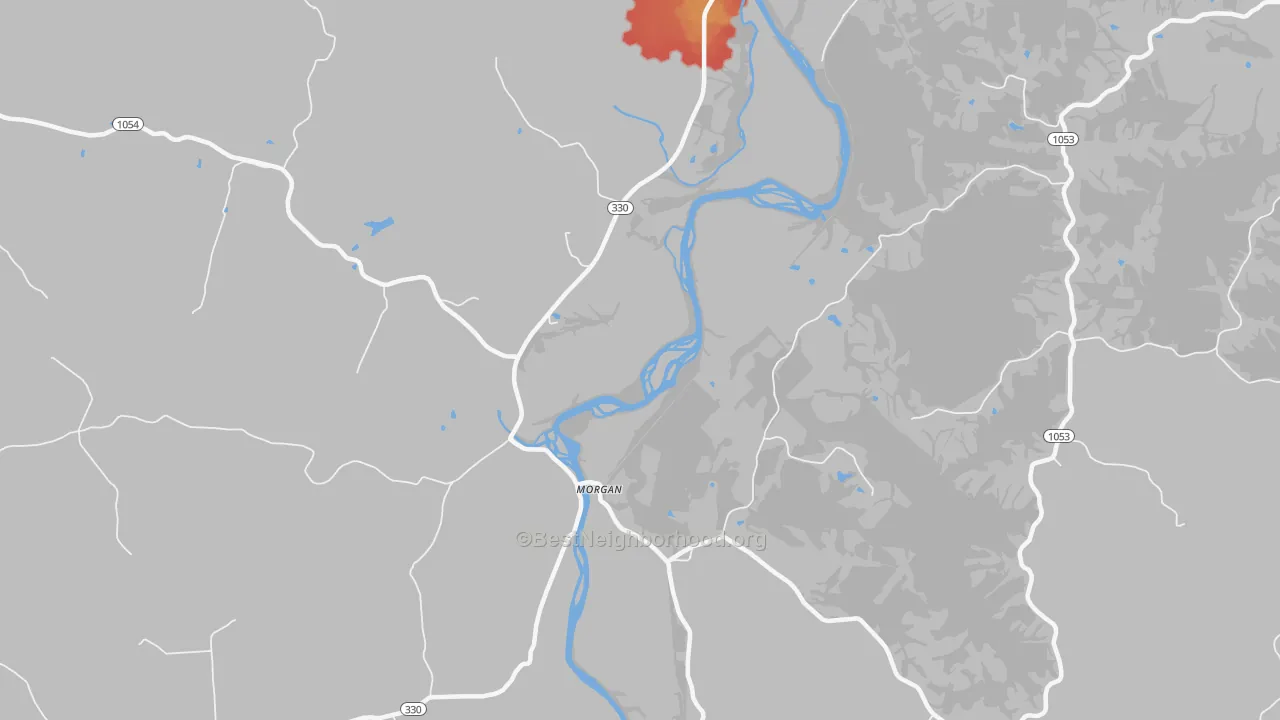 Walk Grade map of Morgan, KY, walkable areas in green and car-dependent areas in red