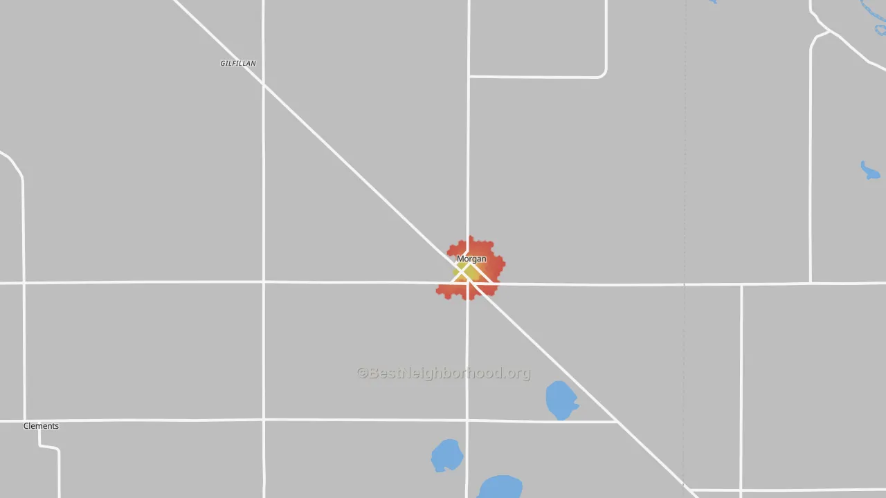 Walk Grade map of Morgan, MN, walkable areas in green and car-dependent areas in red