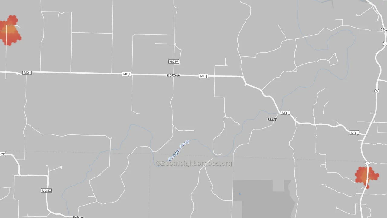 Walk Grade map of Morgan, MO, walkable areas in green and car-dependent areas in red