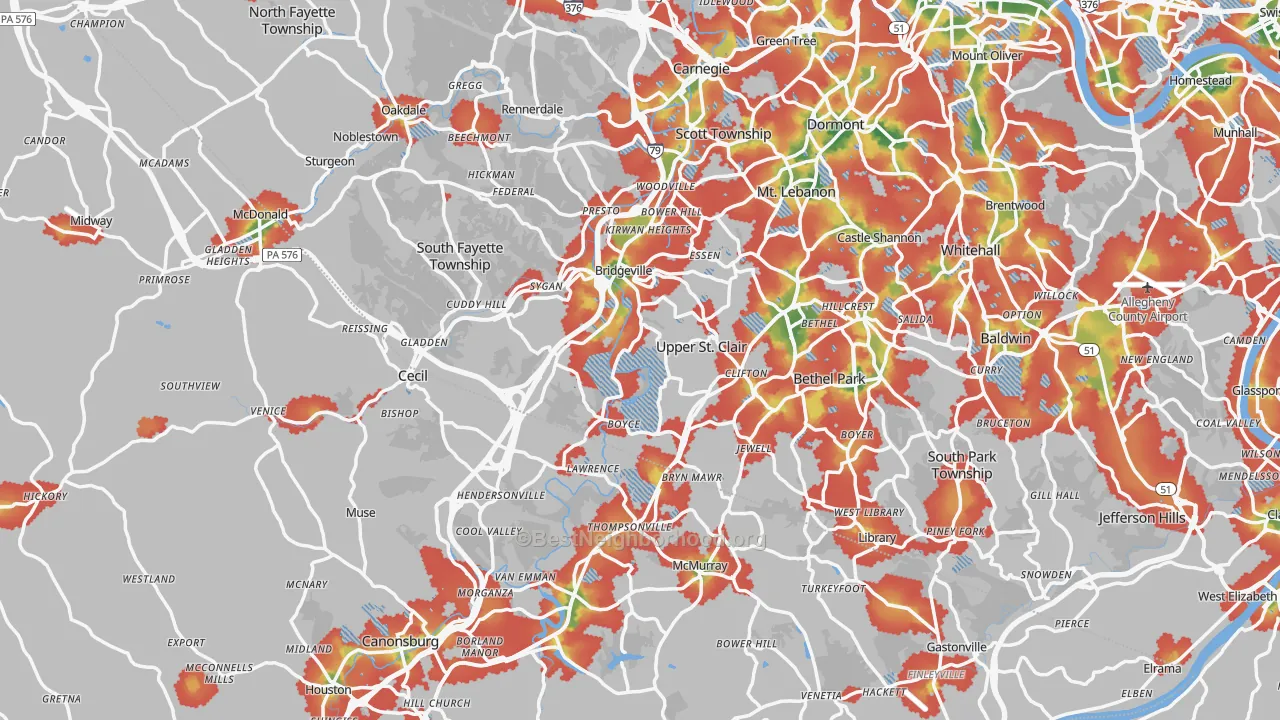 Walk Grade map of Morgan, PA, walkable areas in green and car-dependent areas in red