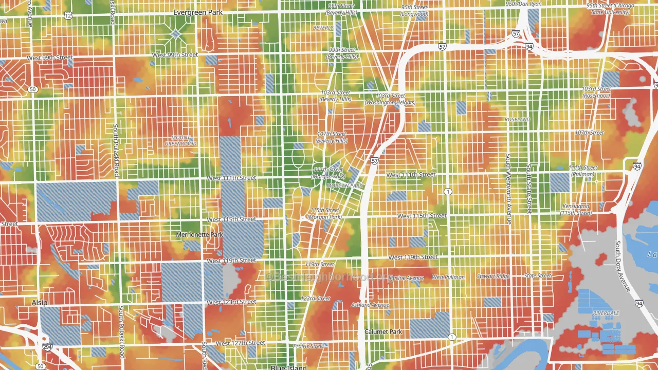 Walk Grade map of Morgan Park, Chicago, IL, walkable areas in green and car-dependent areas in red