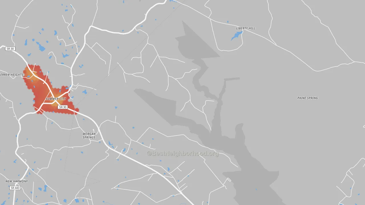 Walk Grade map of Morgan Springs, TN, walkable areas in green and car-dependent areas in red