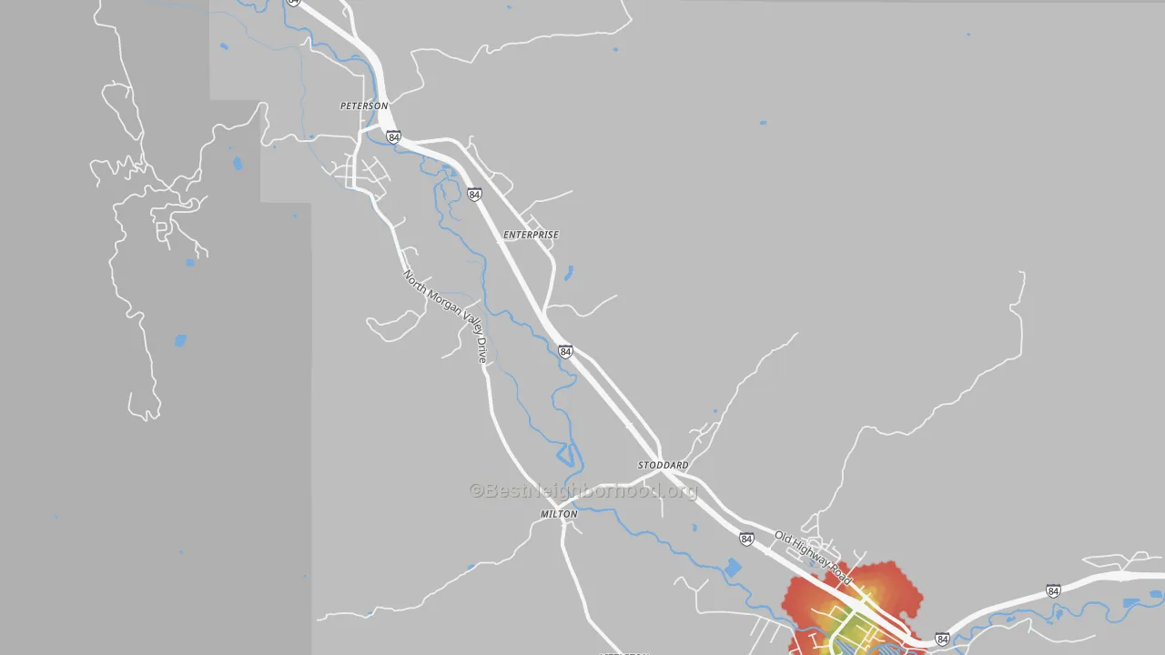 Walk Grade map of Morgan, UT, walkable areas in green and car-dependent areas in red