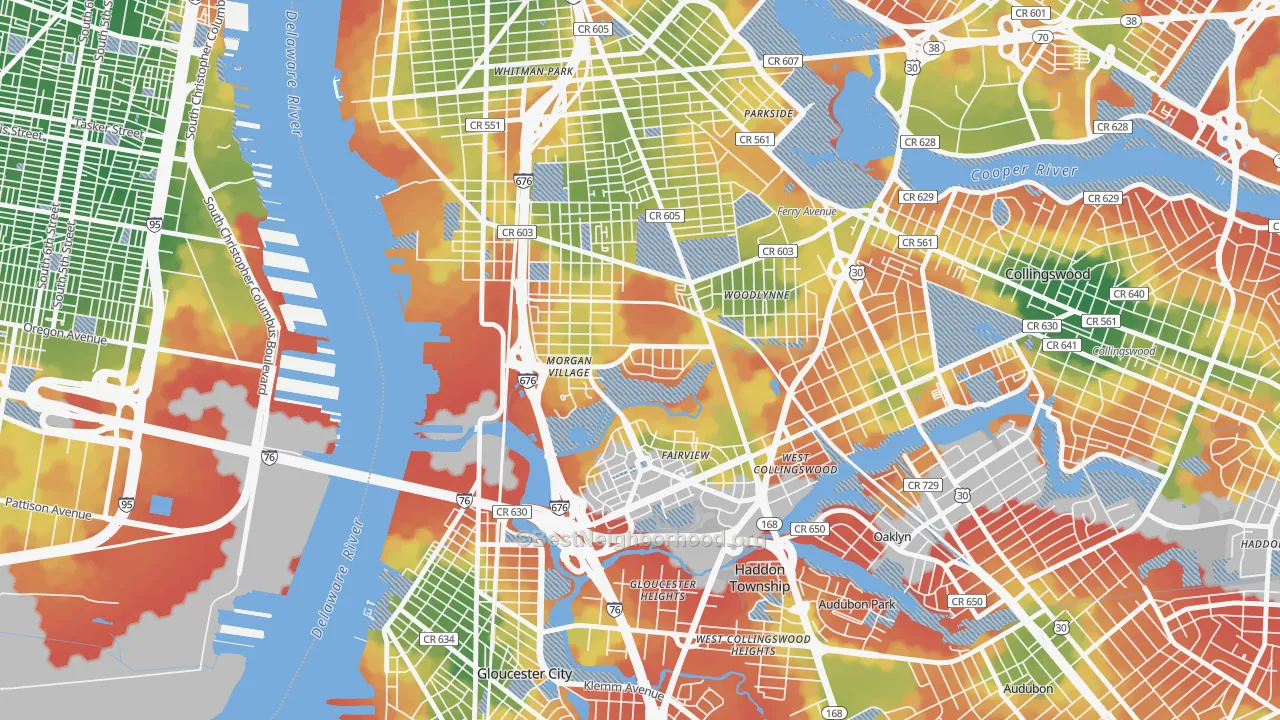 Walk Grade map of Morgan Village, Camden, NJ, walkable areas in green and car-dependent areas in red
