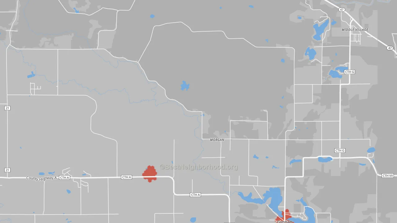 Walk Grade map of Morgan, WI, walkable areas in green and car-dependent areas in red