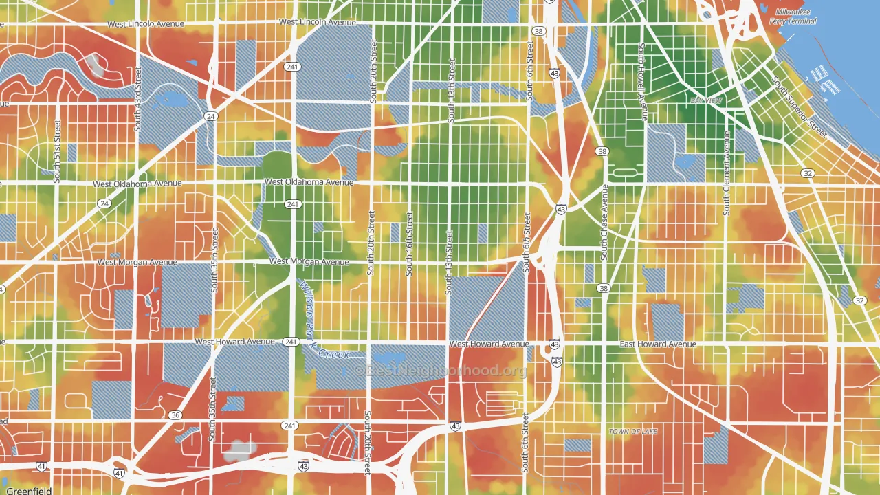 Walk Grade map of Morgandale, Milwaukee, WI, walkable areas in green and car-dependent areas in red
