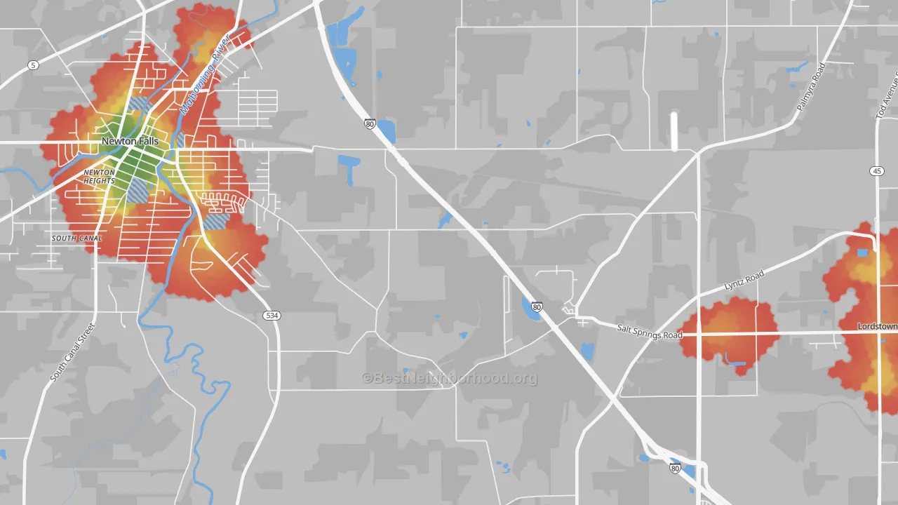 Walk Grade map of Morgandale, OH, walkable areas in green and car-dependent areas in red
