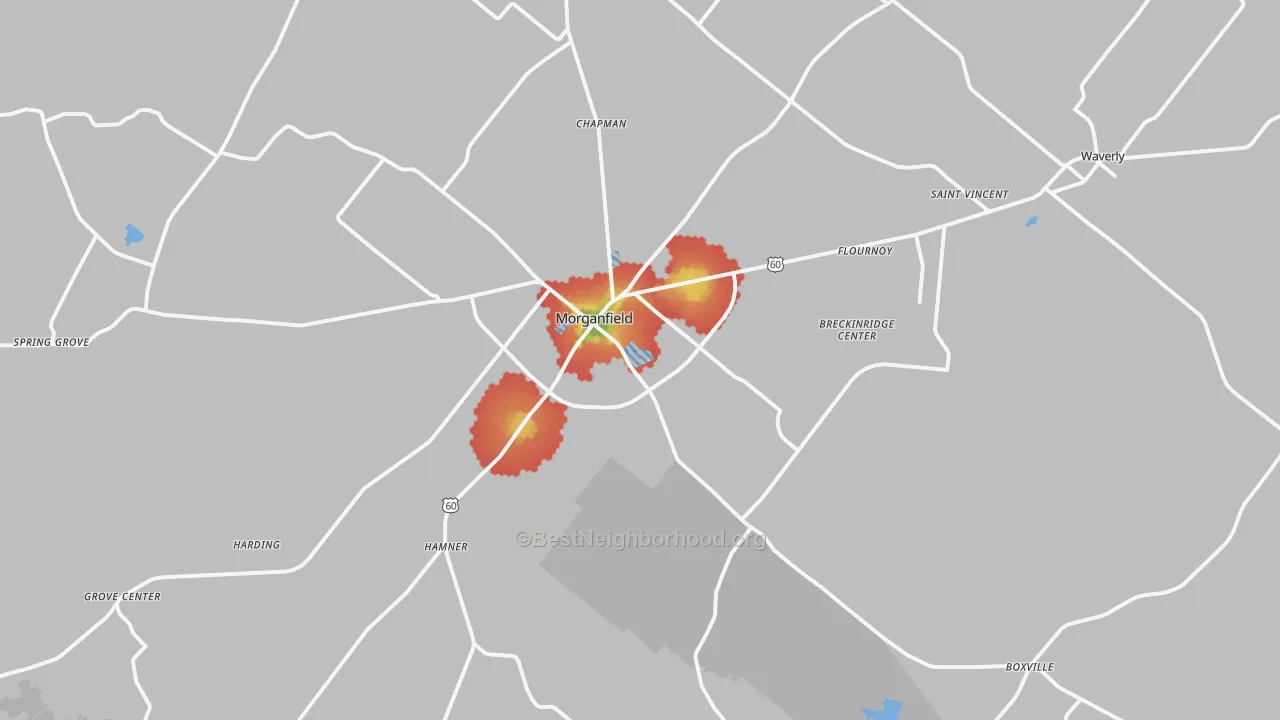 Walk Grade map of Morganfield, KY, walkable areas in green and car-dependent areas in red
