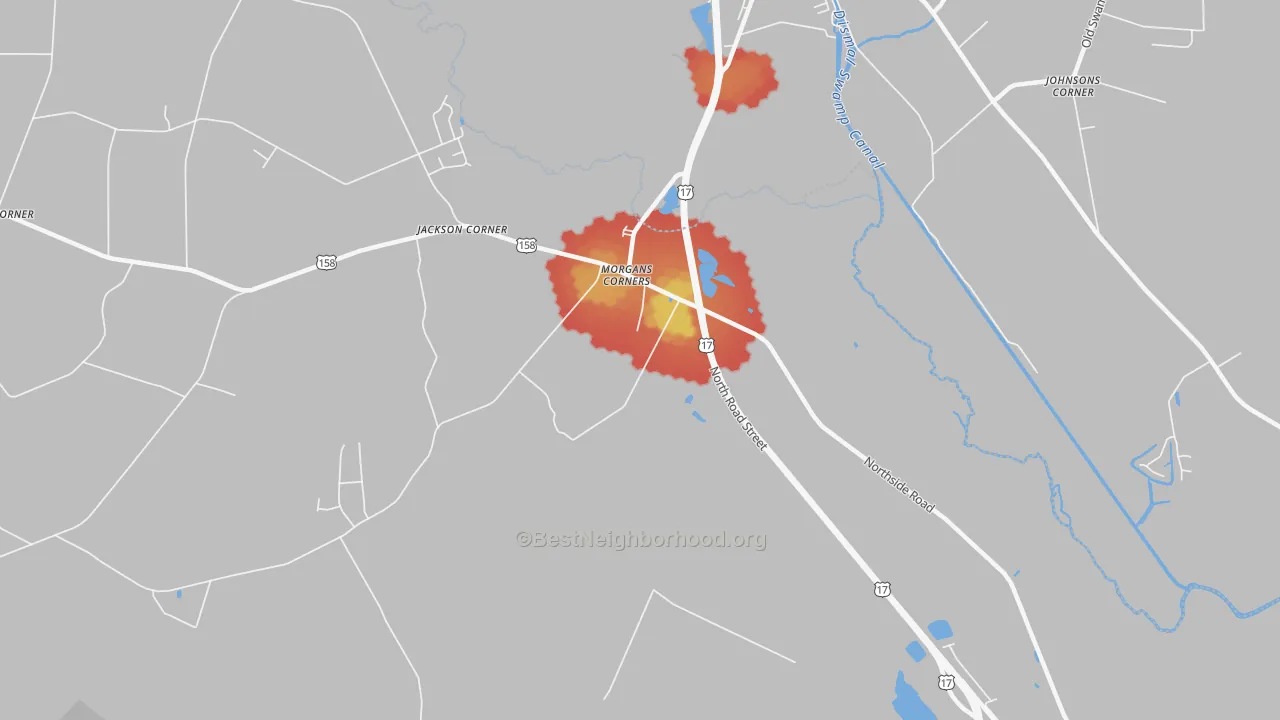 Walk Grade map of Morgans Corners, NC, walkable areas in green and car-dependent areas in red