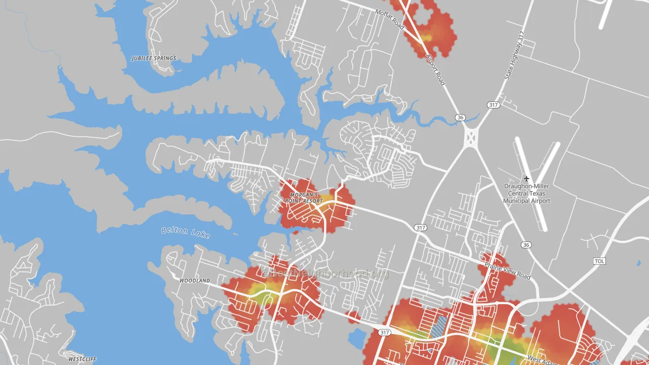 Walk Grade map of Morgans Point Resort, TX, walkable areas in green and car-dependent areas in red