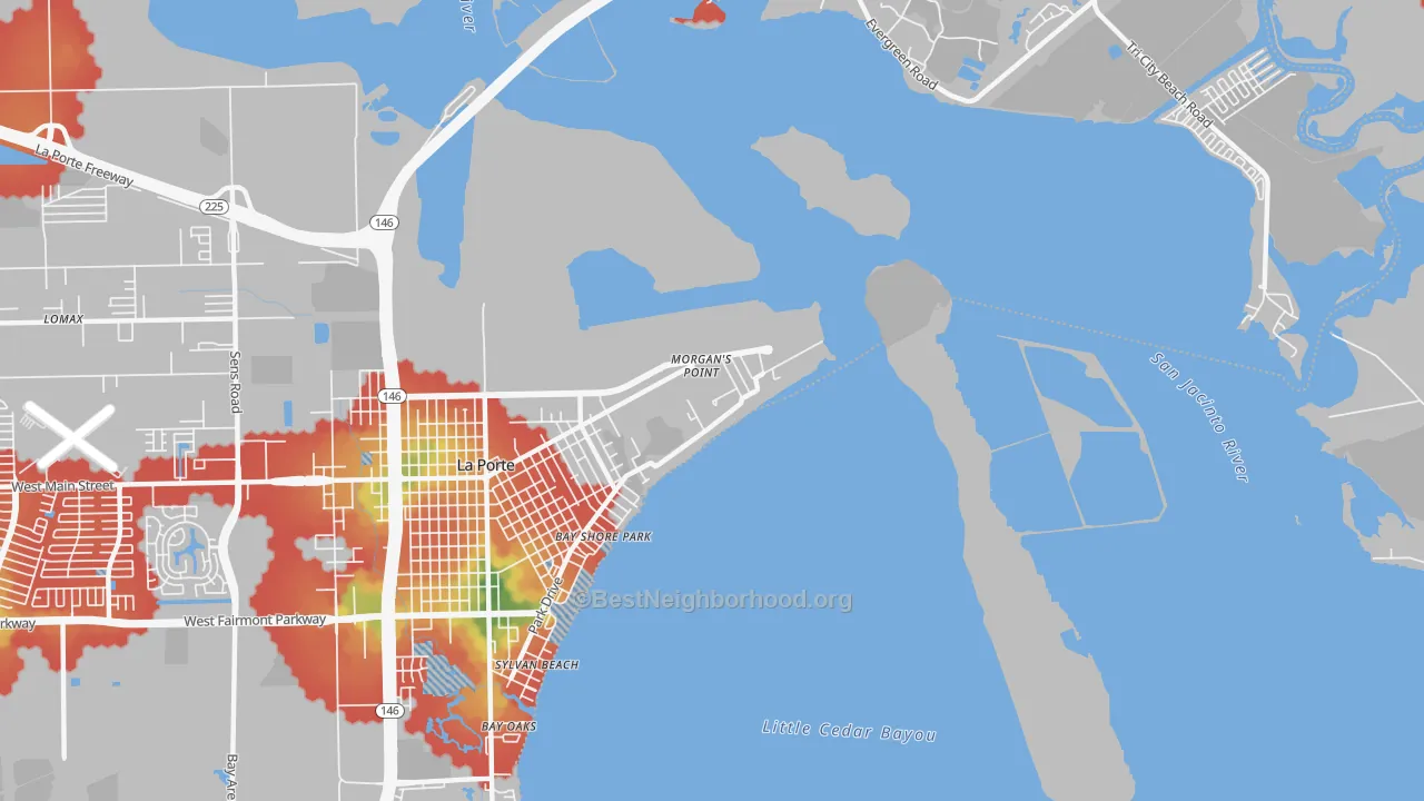 Walk Grade map of Morgans Point, TX, walkable areas in green and car-dependent areas in red