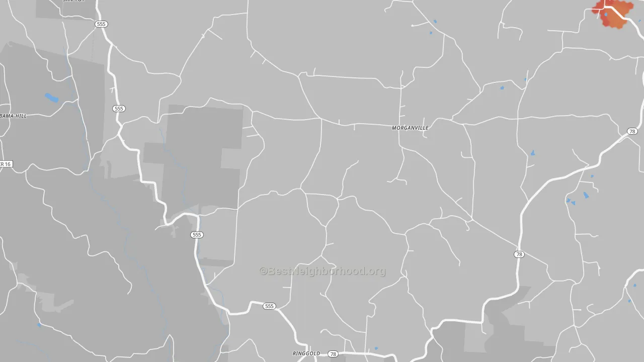 Walk Grade map of Morgansville, OH, walkable areas in green and car-dependent areas in red