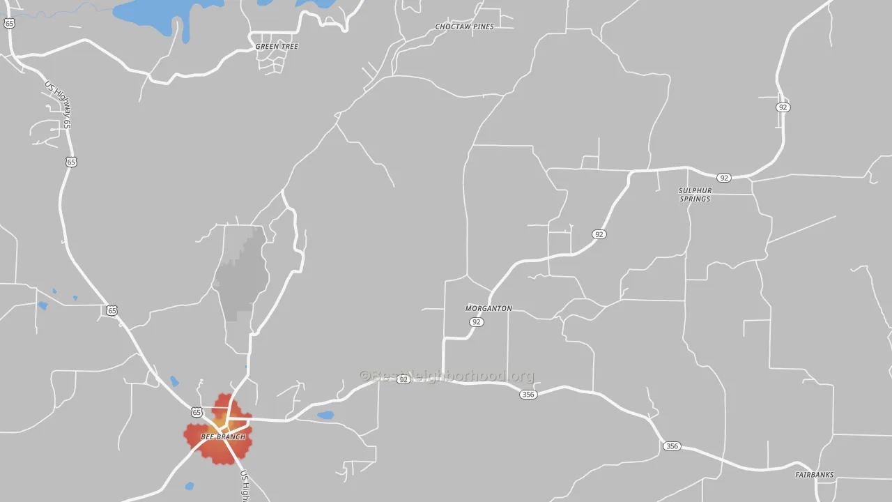 Walk Grade map of Morganton, AR, walkable areas in green and car-dependent areas in red