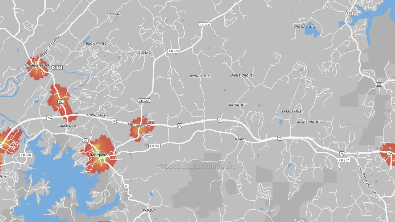 Walk Grade map of Morganton, GA, walkable areas in green and car-dependent areas in red