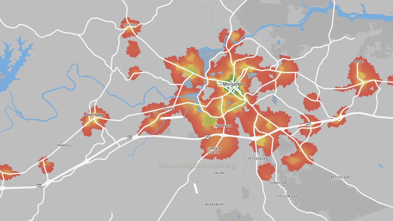 Walk Grade map of Morganton, NC, walkable areas in green and car-dependent areas in red
