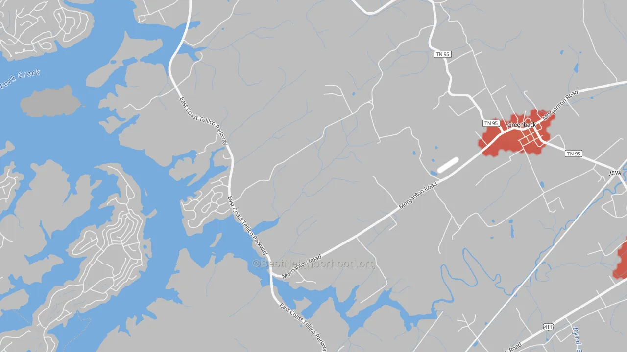 Walk Grade map of Morganton, TN, walkable areas in green and car-dependent areas in red